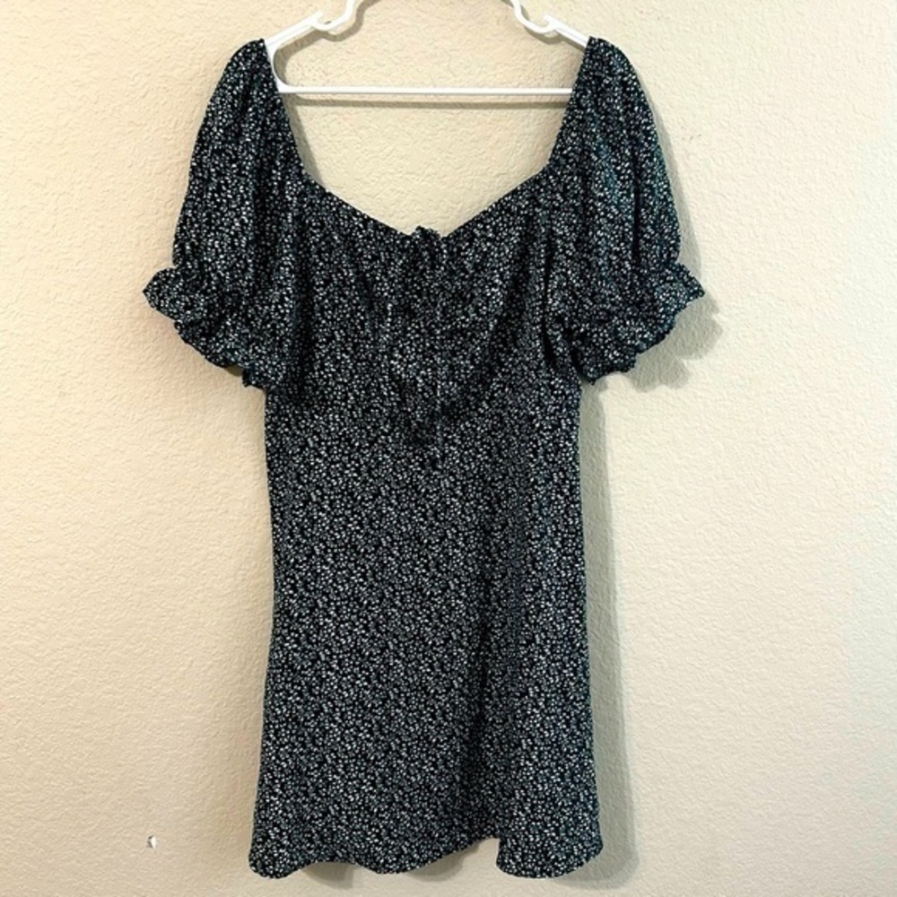 Shein Dress Forest Green Floral Puff Sleeve Tie Bow Front Zipper Back